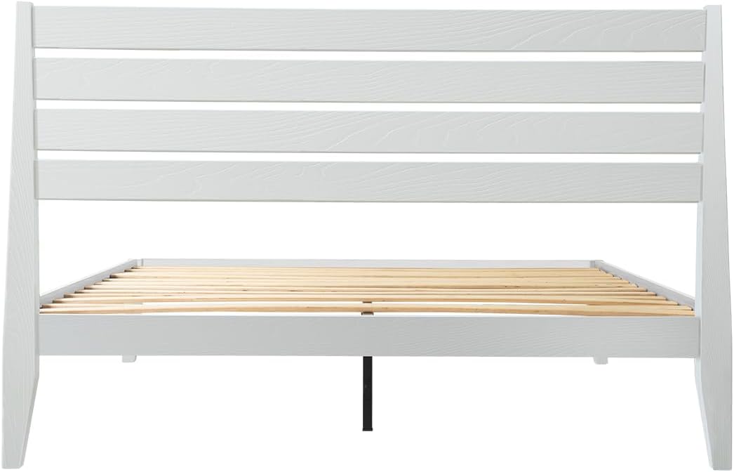 Full Size Solid Wood Platform Bed Frame with Headboard and Footboard, 12 Sturdy Slats, Center Metal Legs, Easy Assembly, No Box Spring Needed, Anti-Noise & Slip-Free Design, Pure White Finish. RKF-39