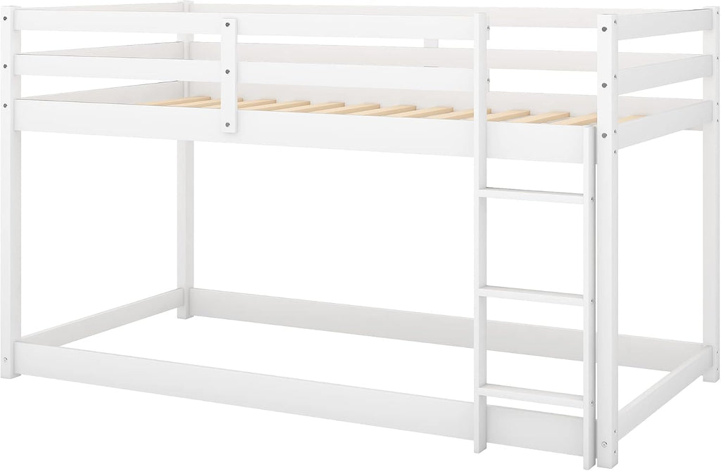 Twin Over Twin Floor Bunk Bed with Ladder,Bed Frame W/Sturdy Slats and Full Length Guardrails,for Bedroom,Apartment,Guest Room,Easy to Assemble,White