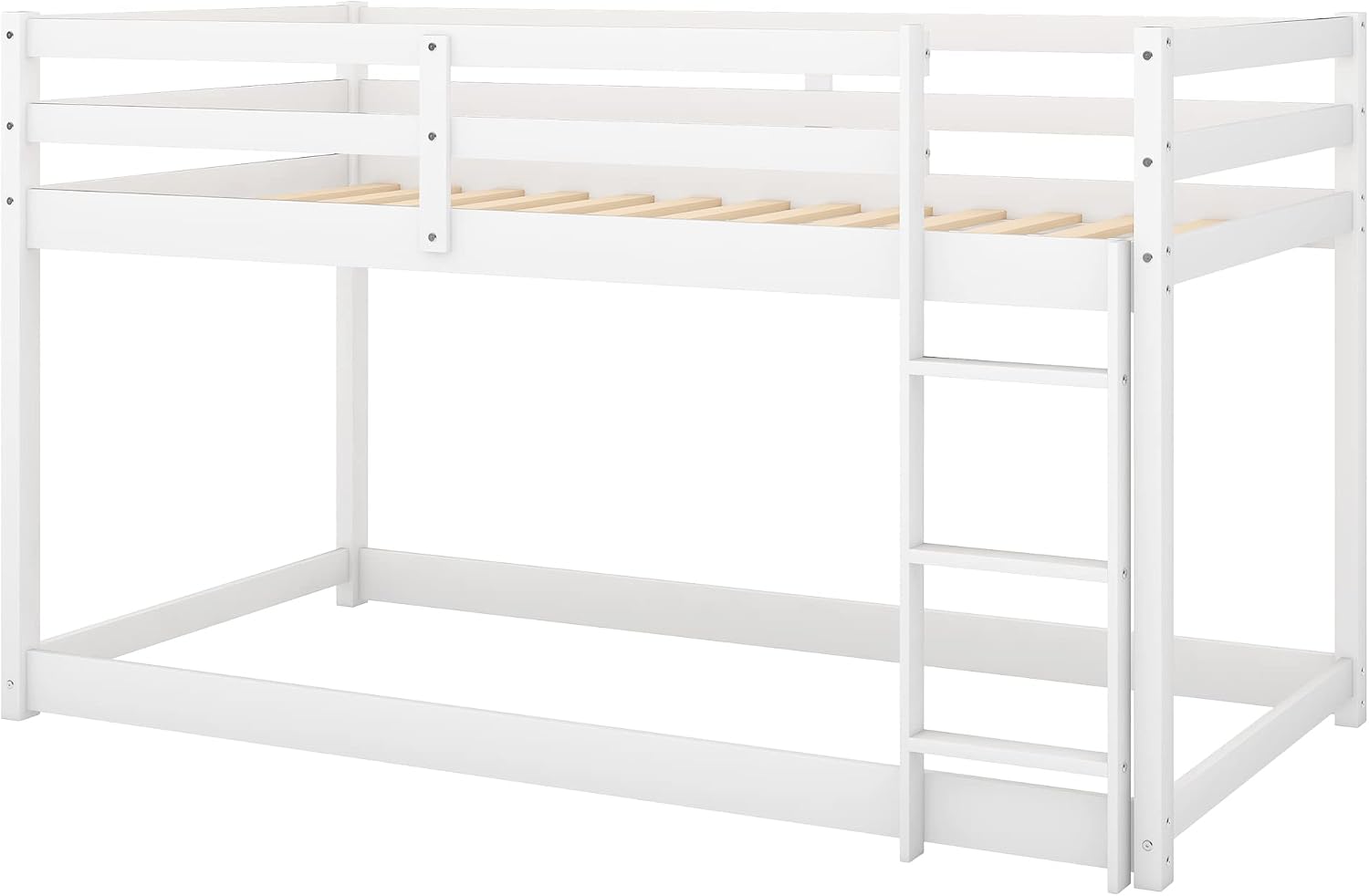 Twin Over Twin Floor Bunk Bed with Ladder,Bed Frame W/Sturdy Slats and Full Length Guardrails,for Bedroom,Apartment,Guest Room,Easy to Assemble,White