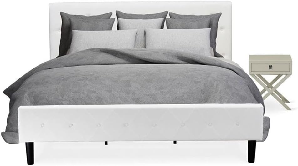 East West Furniture NL19K-1HA14 2 Piece King Size Bedroom Set - Button Tufted Bed Frame - Linen white Velvet Fabric Upholstered Headboard and an Urban Gray Finish Nightstand