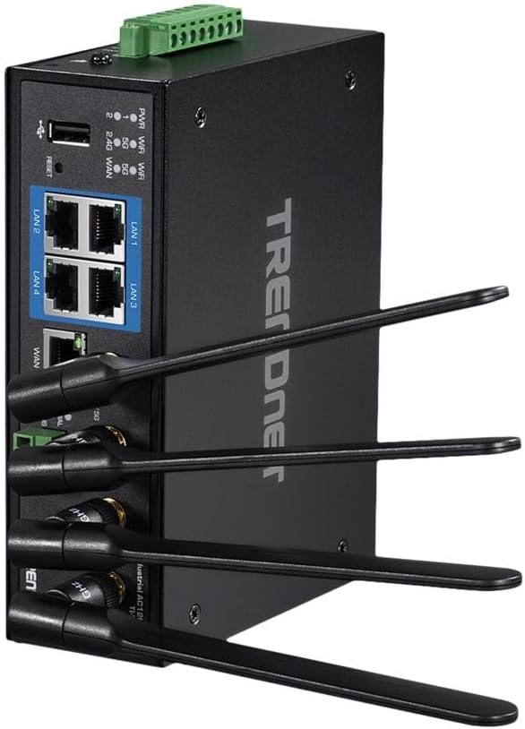TRENDnet Industrial AC1200 Wireless Dual Band Gigabit Router, TI-W100, 4 x Gigabit PoE+ Ports, 1 x Gigabit WAN Port, IP30 Housing, Dual-WAN, VPN, DIN-Rail Mount, NDAA + TAA Compliant