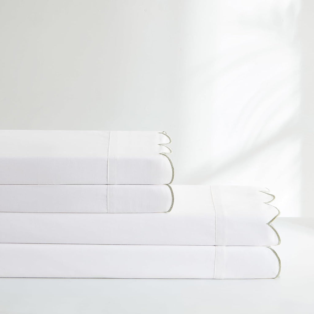 Lush Decor Coastal Chic Scalloped Edge Cotton Sheet Set 4 Piece Set Queen Sage - White Sheets - Scallop Trim - Bed Sheets - Coastal Decor