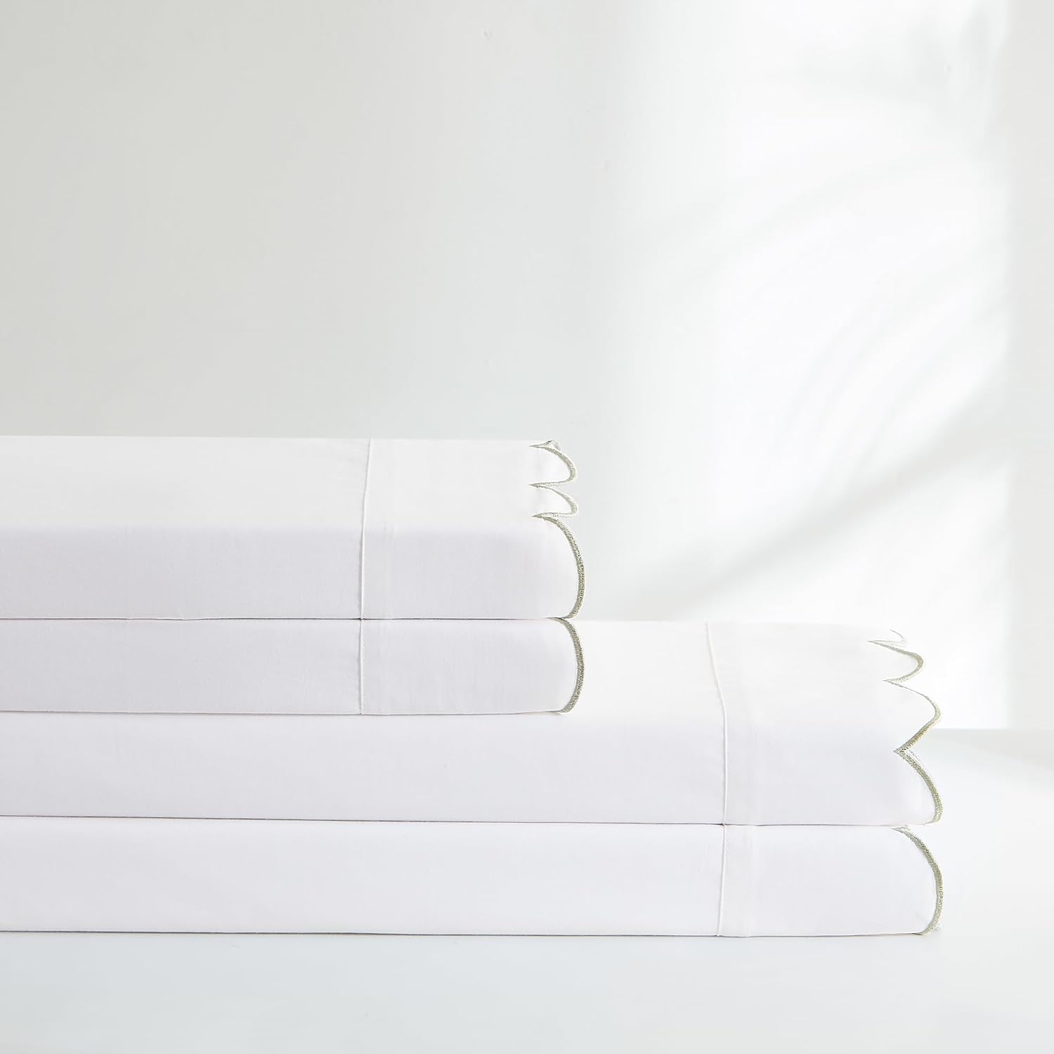 Lush Decor Coastal Chic Scalloped Edge Cotton Sheet Set 4 Piece Set Queen Sage - White Sheets - Scallop Trim - Bed Sheets - Coastal Decor