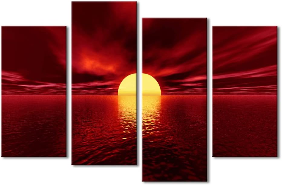 Wieco Art Large 4 Piece Red Sea Canvas Wall Art, Modern Sun Seascape Beach Canvas Prints, Stretched Ocean Landscape Artwork, Ready to Hang Wall Decor for Living Room Bedroom Home Office
