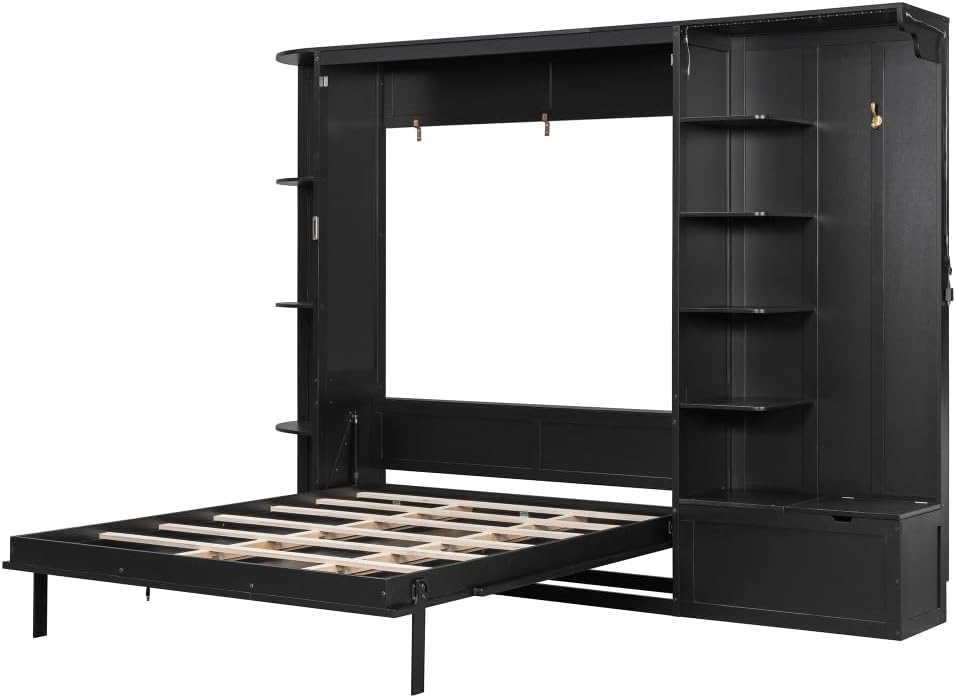 Queen Murphy Bed with Storage Shoe Cabinet,Storage Bench,Hooks & LED Lights,Wood Murphy Wall Bed with Shelves Bookcase and Cabinet, Space-Saving for Small Spaces Office Guest Room (Black,Queen)