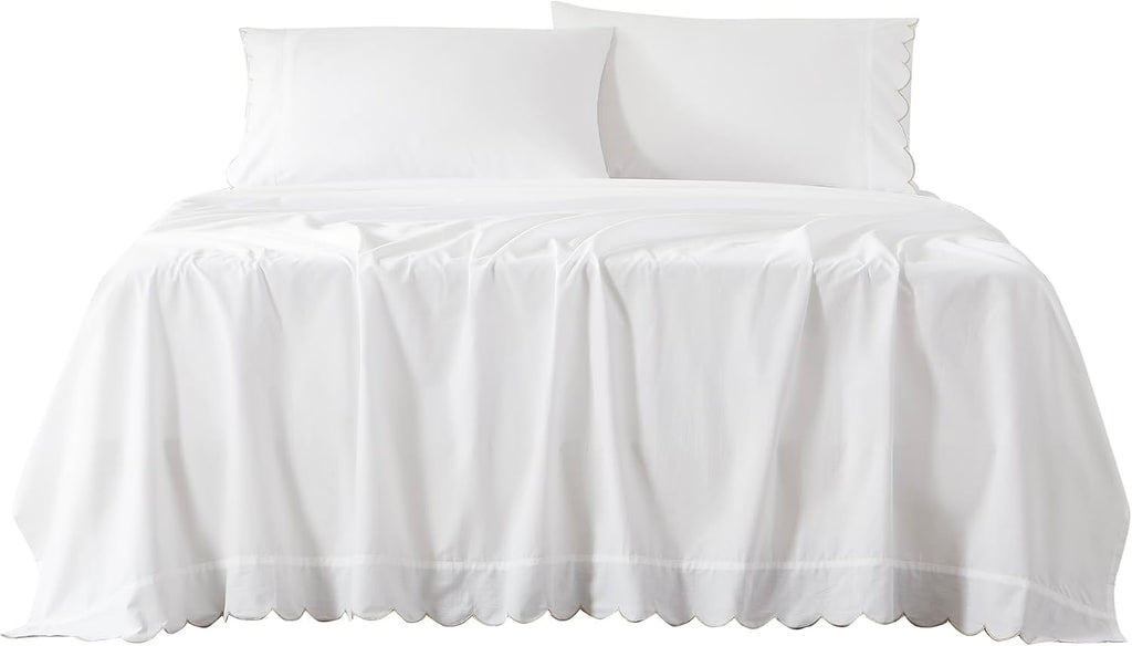 Lush Decor Coastal Chic Scalloped Edge Cotton Sheet Set 4 Piece Set King Neutral - White Sheets - Scallop Trim - Bed Sheets - Coastal Decor