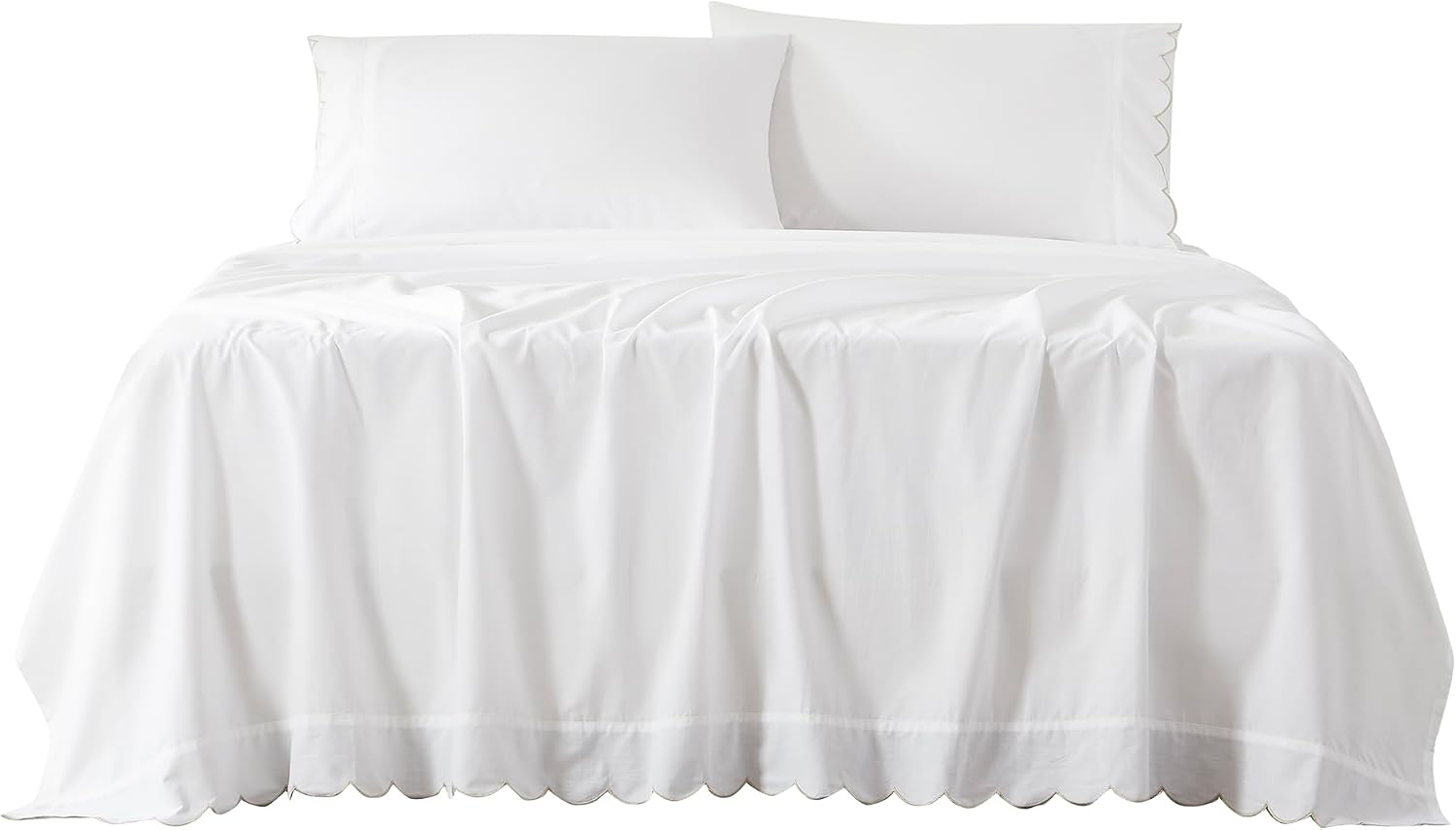 Lush Decor Coastal Chic Scalloped Edge Cotton Sheet Set 4 Piece Set King Neutral - White Sheets - Scallop Trim - Bed Sheets - Coastal Decor