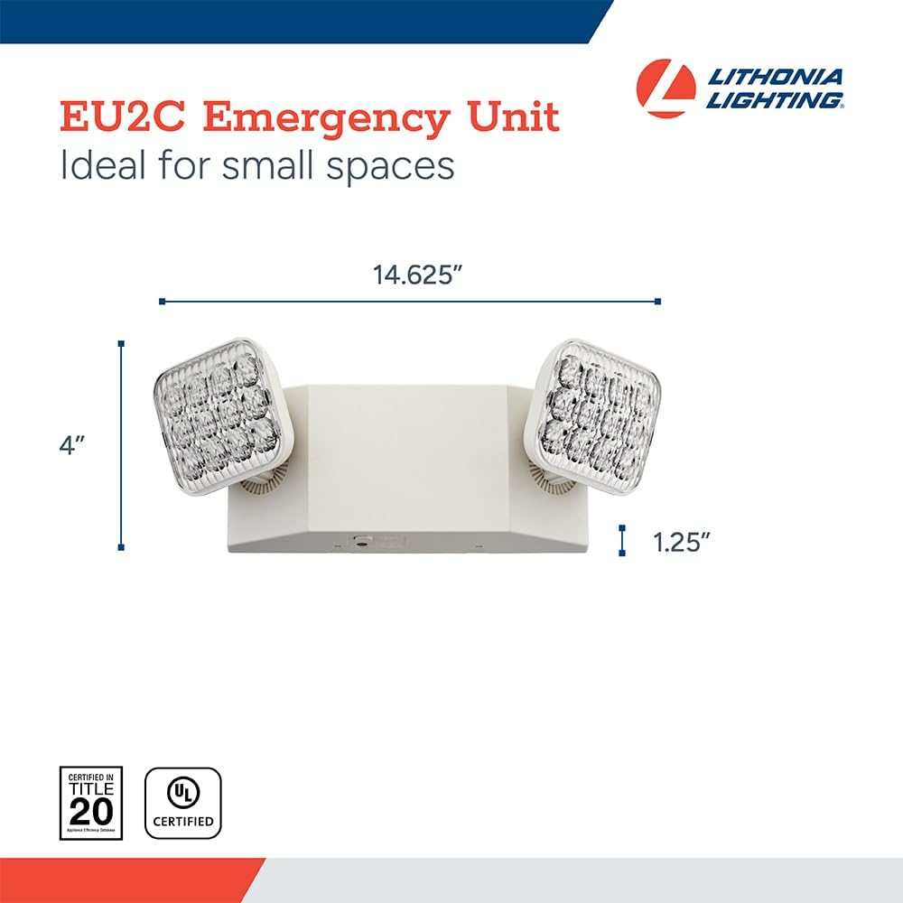 Lithonia Lighting Basics LED Emergency Light, Dual Adjustable Heads, Wall Mount, Damp Rated, 90-Min Backup, 120/277V, White, 4-Pack (EU2C CP4), Deal for stairways, hallways, and Egress Paths