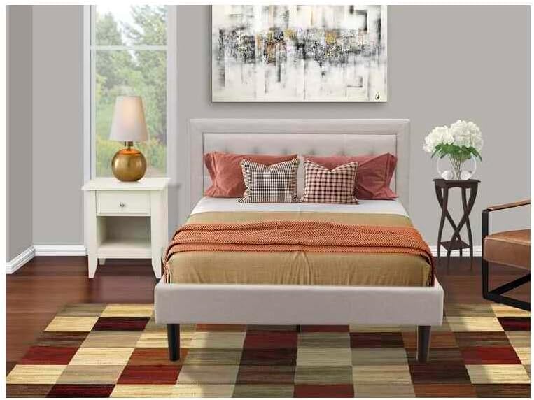 HomeStock Southwestern Sanctuary 2 Piece Platform Bedroom Set with 1 Wood Bed Frame and a Mid Century Modern Nightstand Reliable and Mist Beige Linen Fabric White/Full