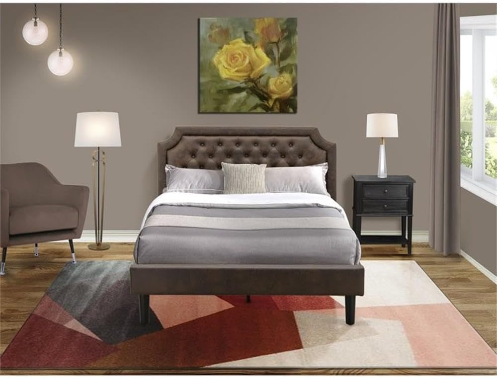 East West Furniture GB25Q-1VL06 2-Piece Granbury Queen Bedroom Set with Button Tufted Platform Bed and 1 Wire brushed Black End Tables - Dark Brown faux Leather with Black Texture and Black Legs