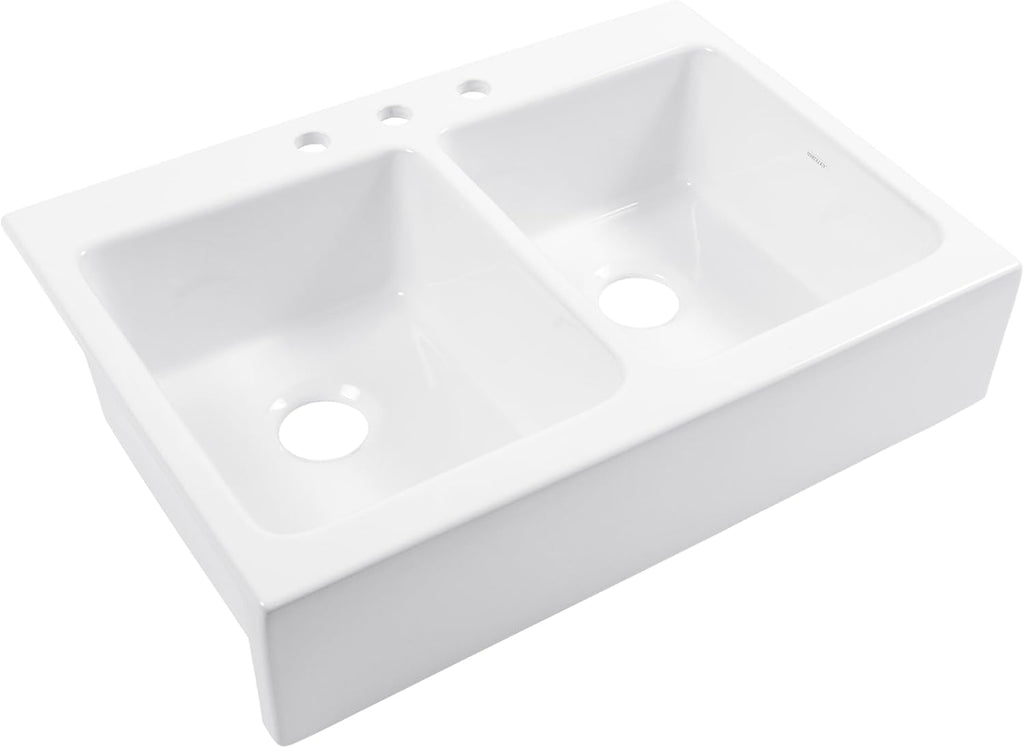 Sinkology Parker 34 Inch Fireclay Farmhouse Kitchen Sink - White Apron Front Double Bowl - Quick-Fit Drop-In Install for 36 Inch Cabinet - SureFire Material - Sinkology Everyday Warranty