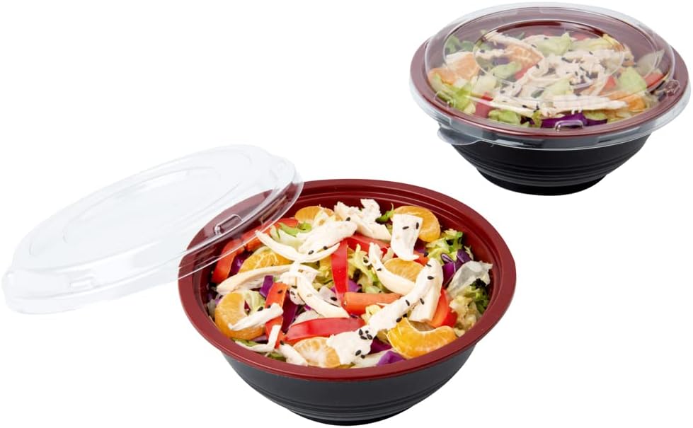 Restaurantware 18 Ounce Food Containers 200 Disposable Salad Bowls - Lids Included Microwavable Black And Red Plastic To Go Bowls Asian Inspired Perfect For Picnics Or Take Outs