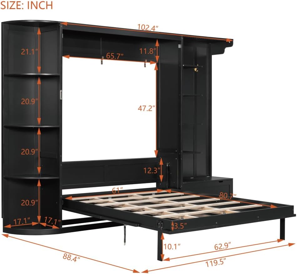 Queen Murphy Bed with Storage Shoe Cabinet,Storage Bench,Hooks & LED Lights,Wood Murphy Wall Bed with Shelves Bookcase and Cabinet, Space-Saving for Small Spaces Office Guest Room (Black,Queen)