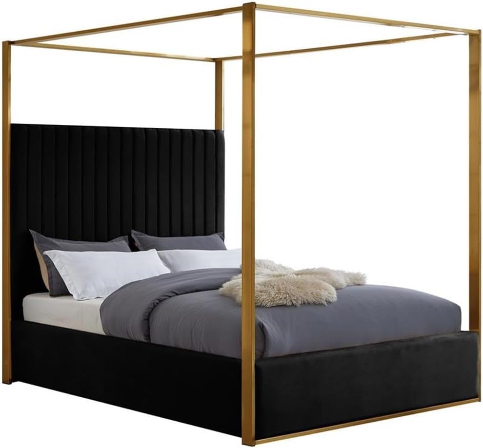Meridian Furniture JonesBlack-K Jones Collection Modern | Contemporary Upholstered King Bed, Black Velvet, Channel Tufting, Brushed Brass Frame, 82.5' W x 86.5' D x 79' H, Black, King