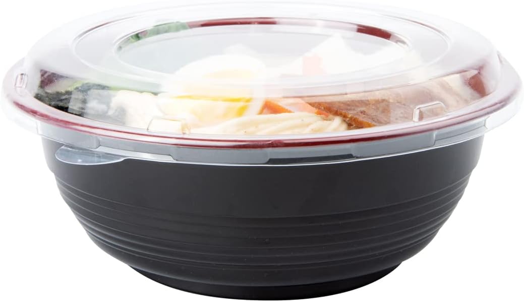 34 Ounce Food Containers, 200 Disposable Salad Bowls - Lids Included, Microwavable, Black And Red Plastic To Go Bowls, Asian Inspired, Perfect For Picnics, Or Take Outs - Restaurantware