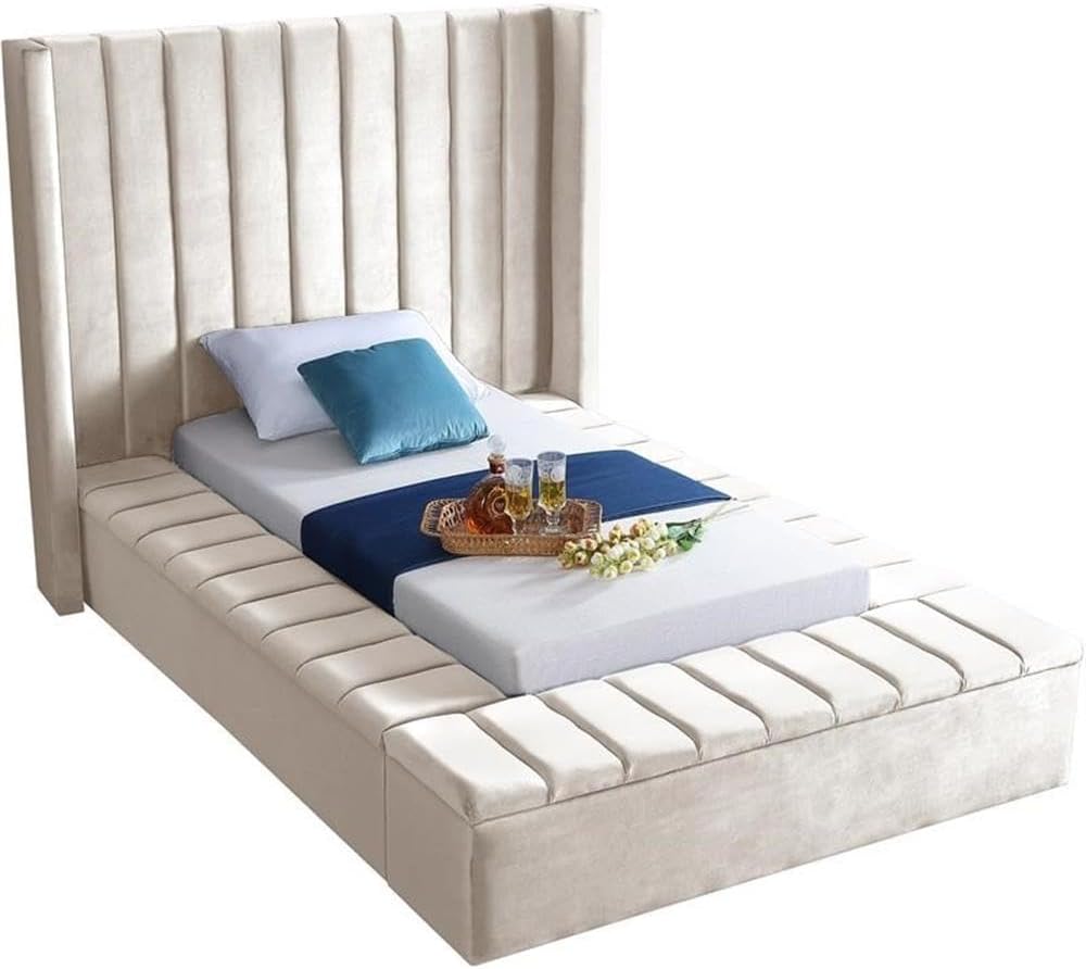 Meridian Furniture Kiki Collection Modern | Contemporary Velvet Upholsterd Bed with Channel Tufting, Siderails and Footboard Storage Compartments, Twin, Cream