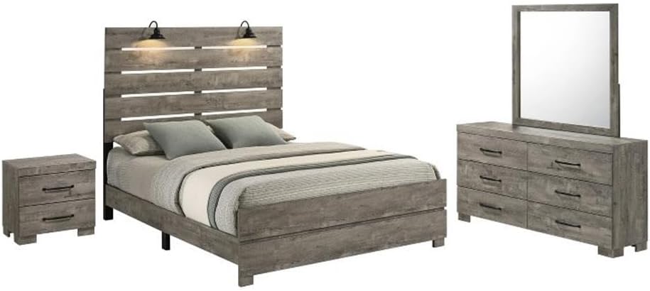 Best Quality Furniture 4Pc Antique Gray Wood Panel Bedroom Set with Headlamps