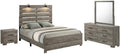 Best Quality Furniture 4Pc Antique Gray Wood Panel Bedroom Set with Headlamps