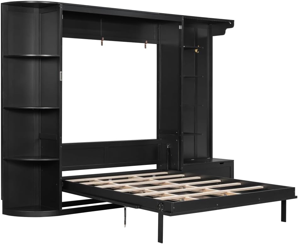 Queen Murphy Bed with Storage Shoe Cabinet,Storage Bench,Hooks & LED Lights,Wood Murphy Wall Bed with Shelves Bookcase and Cabinet, Space-Saving for Small Spaces Office Guest Room (Black,Queen)