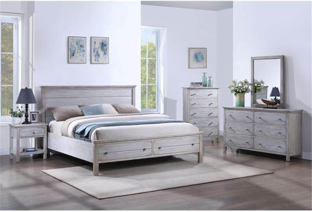 Pemberly Row Solid Wood Queen Storage Bed, Distressed Grey White Finish, Durable Constructed Spruce Frame, Rustic Transitional Design, Bedroom Furniture with Storage Footboard