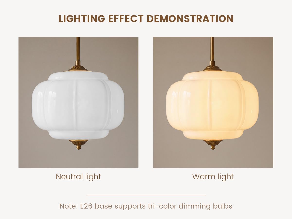 Milk Glass Ceiling Light Fixture - Antique Brass Semi Flush Mount Pendant Light for Kitchen, Hallway, and Bedroom 15 inch (White 15 inch)