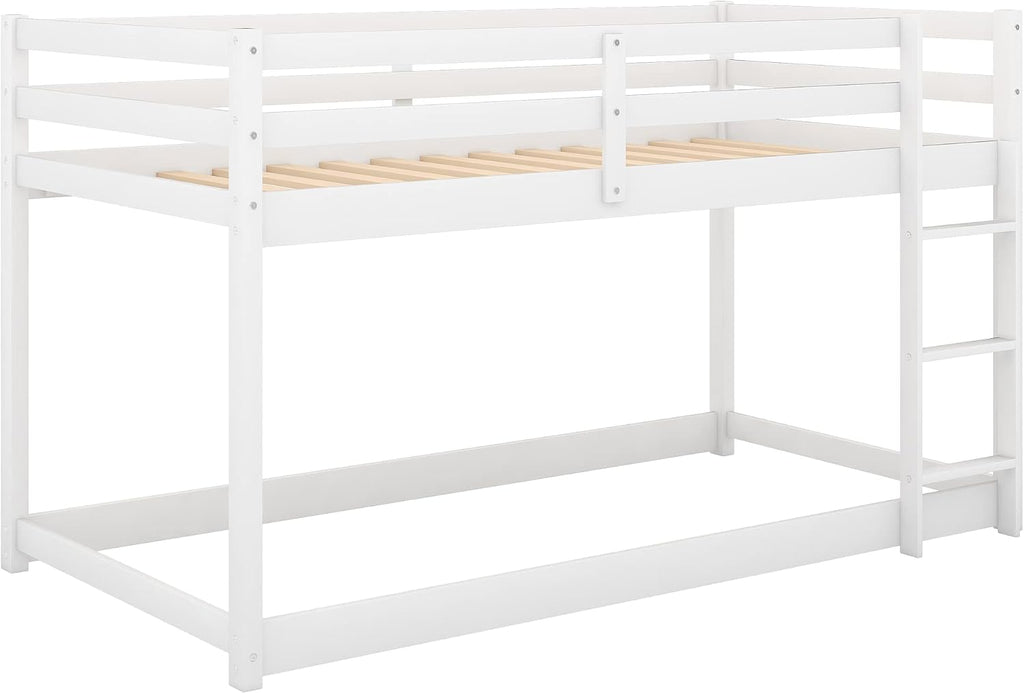 Twin Over Twin Floor Bunk Bed with Ladder,Bed Frame W/Sturdy Slats and Full Length Guardrails,for Bedroom,Apartment,Guest Room,Easy to Assemble,White