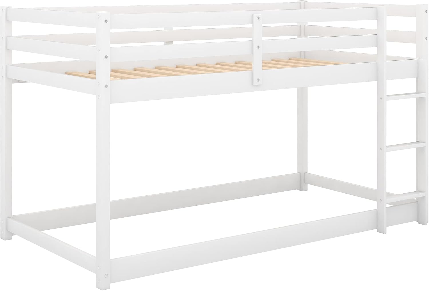 Twin Over Twin Floor Bunk Bed with Ladder,Bed Frame W/Sturdy Slats and Full Length Guardrails,for Bedroom,Apartment,Guest Room,Easy to Assemble,White