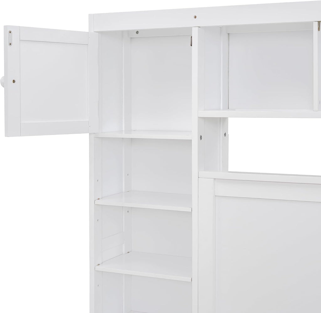 Merax Full Size Wooden Bed with All-in-One Cabinet, White Platform Bed Frame with 2 Drawers, Trundle and Sockets