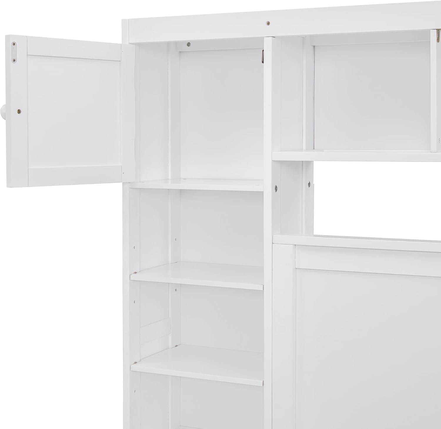Merax Full Size Wooden Bed with All-in-One Cabinet, White Platform Bed Frame with 2 Drawers, Trundle and Sockets