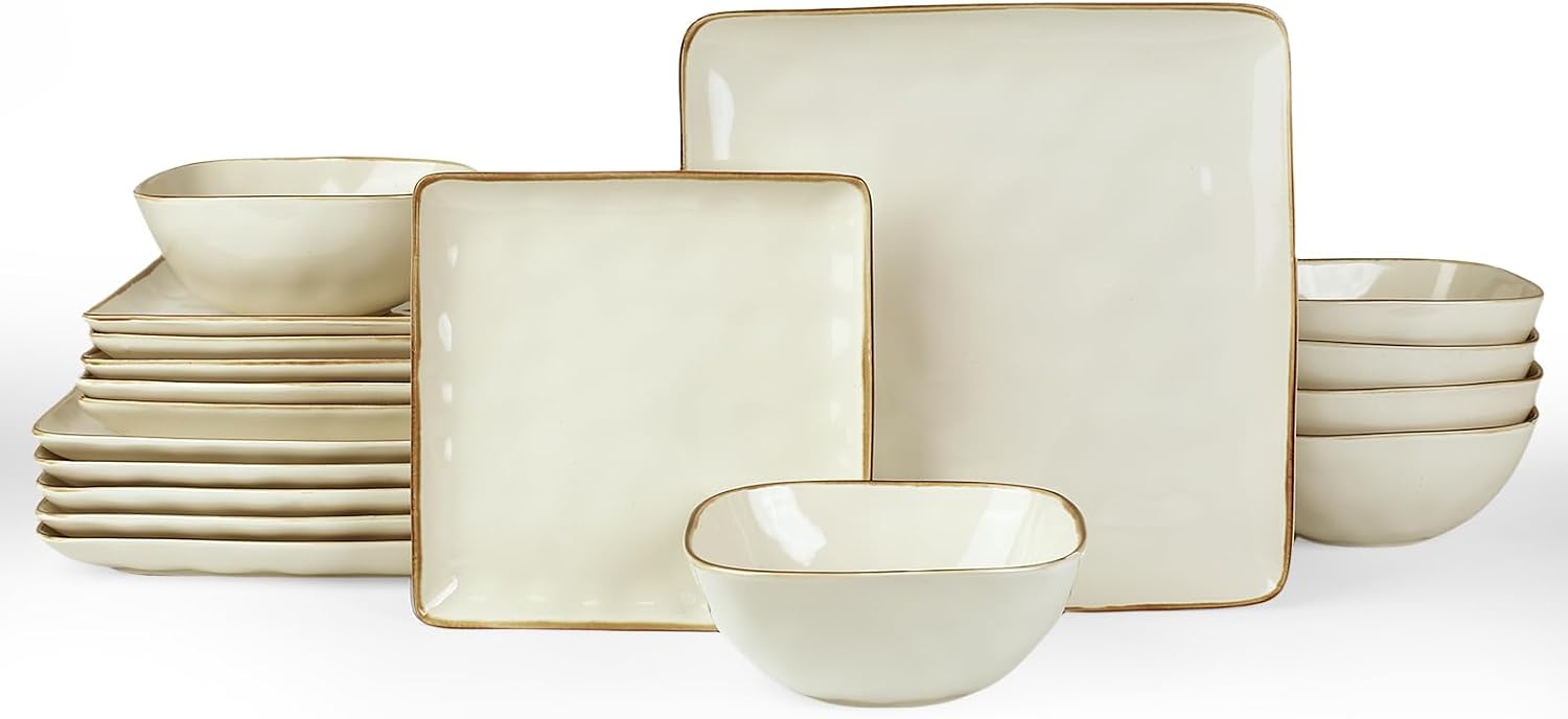 Famiware Ocean Square Plates and Bowls Set, 18 Pieces Dinnerware Sets, Dishes Set for 6, Microwave and Dishwasher Safe, Scratch Resistant, Vanilla White
