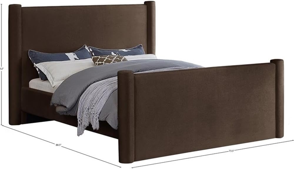 Meridian Furniture B1298Brown-Q Elias Collection Modern | Contemporary Queen Bed with Soft Brown Velvet, Solid Wood Inner Frame, 73.5' W x 88.5' D x 52' H, Brown, Queen