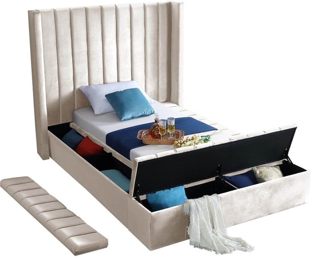 Meridian Furniture Kiki Collection Modern | Contemporary Velvet Upholsterd Bed with Channel Tufting, Siderails and Footboard Storage Compartments, Twin, Cream