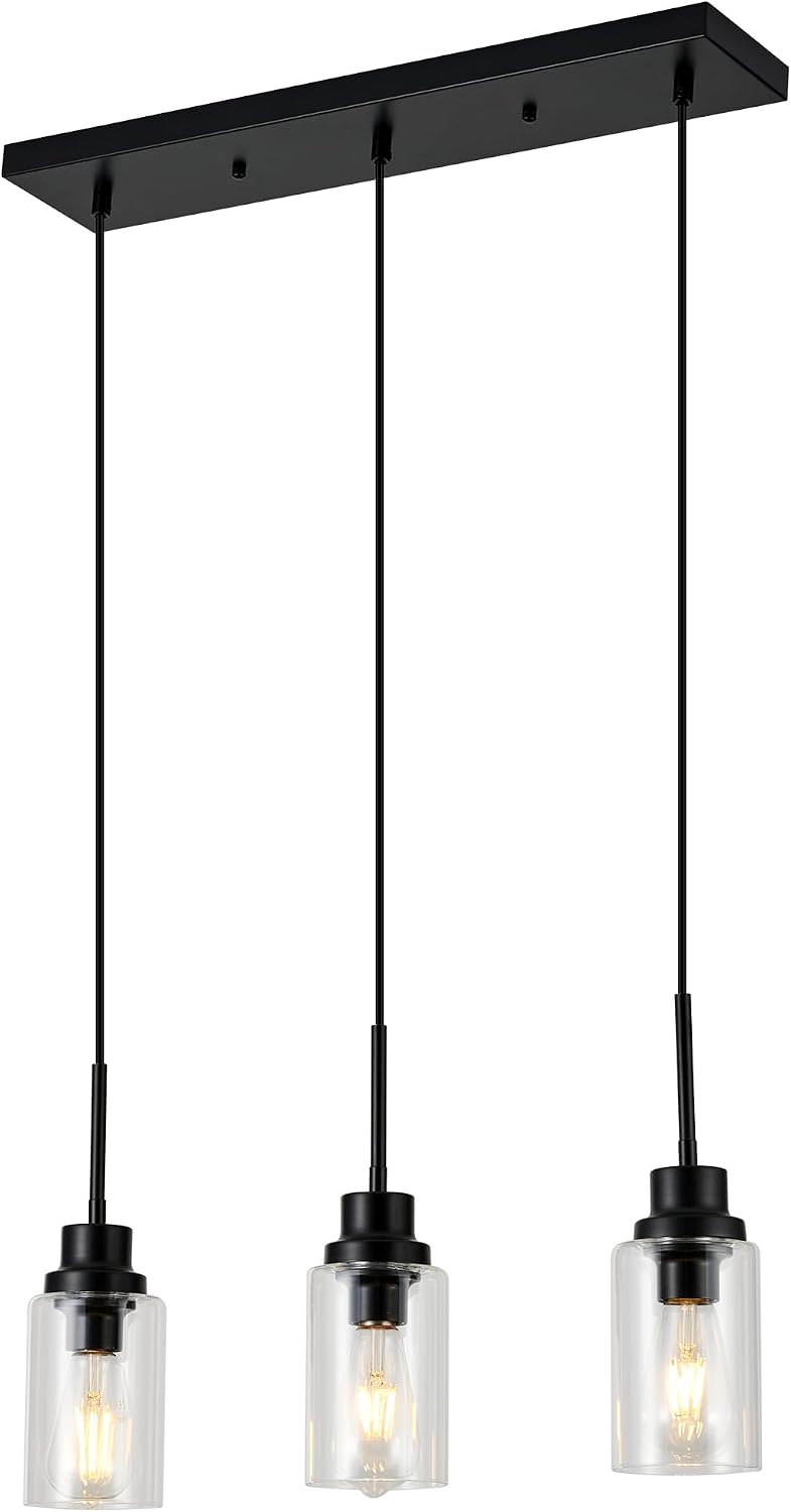 3-Lights Pendant Light Fixtures, Modern Black Kitchen Island Lighting with Clear Glass Shade, Adjustable Hanging Ceiling Lamp