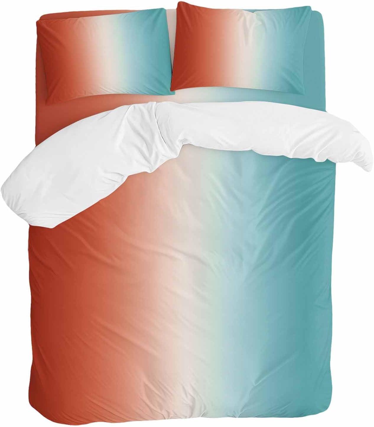 Gradient Orange Blue Duvet Cover Set Queen Size 4 Pieces Modern Abstract Minimalist Orange Ocean Beach Bedding Set with Zipper Closure, 1 Comforter Cover 92x106 Inches 1 Flat Sheet & 2 Pillow Cases