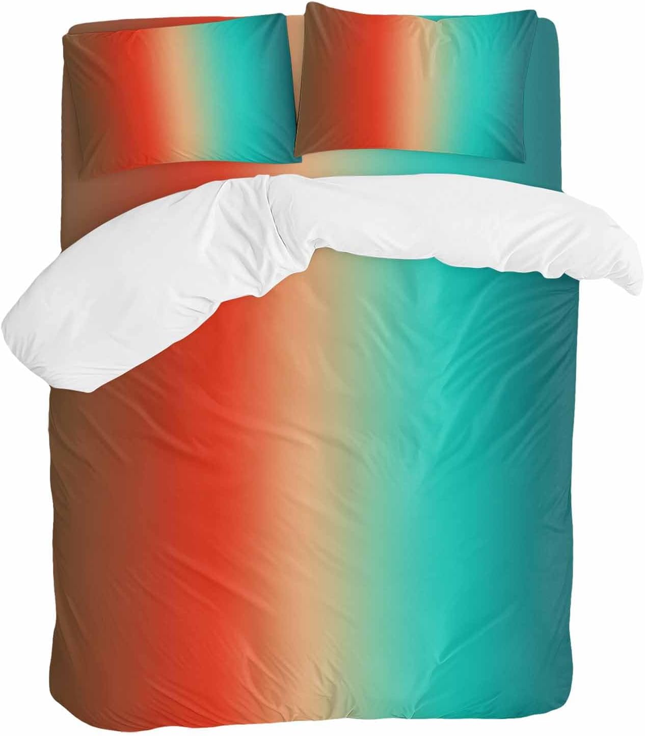 Gradient Blue Green Duvet Cover Set Queen Size 4 Pieces Modern Abstract Minimalist Orange Brown Ocean Beach Bedding Set with Zipper Closure,1 Comforter Cover 92x106 Inches 1 Flat Sheet&2 Pillow Cases