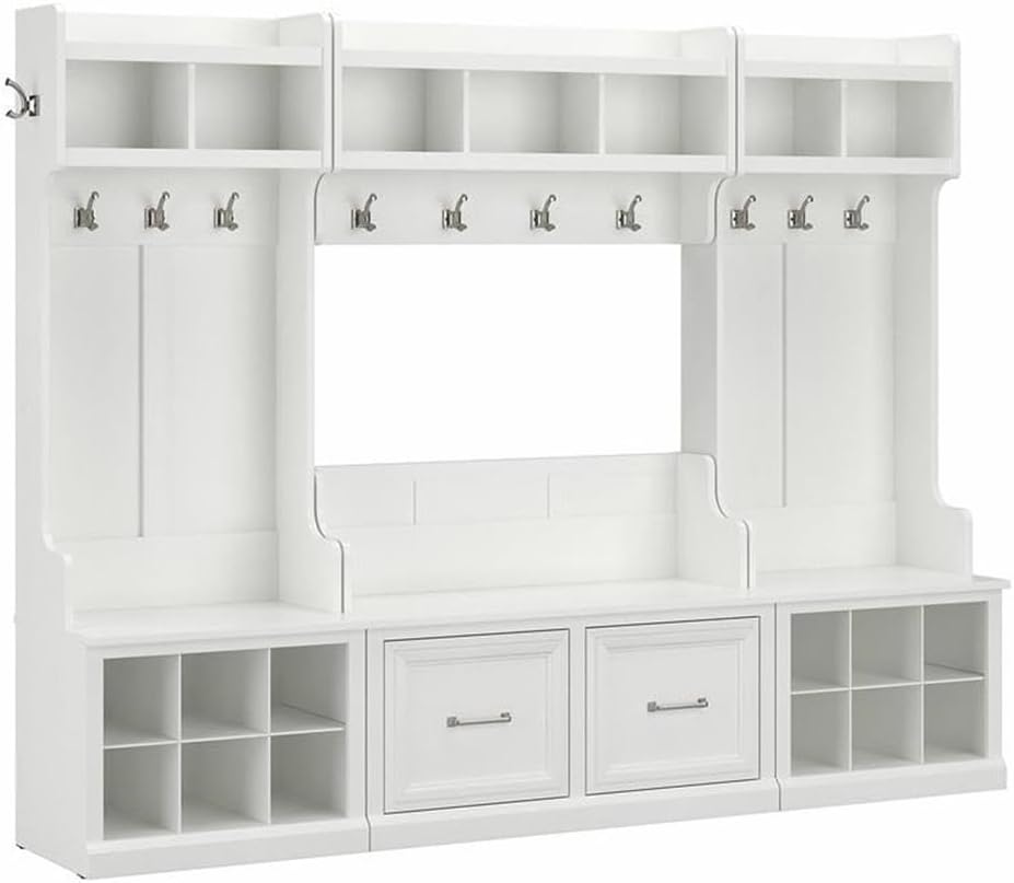 Bush Furniture Woodland Full Entryway Storage Set with Coat Rack and Shoe Bench with Doors | Mudroom Organizer for Footwear, Clothing, White Ash