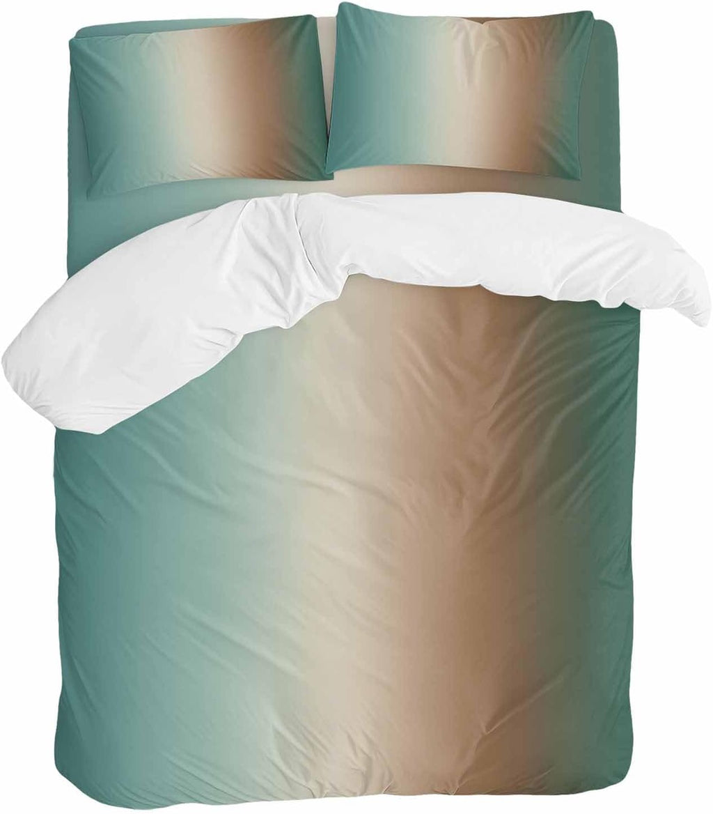 Gradient Green Duvet Cover Set Queen Size 4 Pieces Modern Minimalist Brown Green Ocean Beach Bedding Set with Zipper Closure, 1 Comforter Cover 92x106 Inches 1 Flat Sheet & 2 Pillow Cases