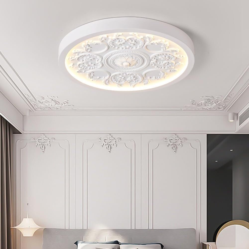 French Country Flush Mount Ceiling Light, Vintage Ornate Ceiling Lamp with Carved Medallion Design, Round Backlit LED Fixture for Bedroom, Living Room, Hallway, Dining Room(White,43CM)