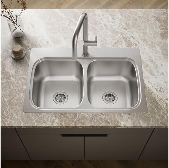 KOHLER 5267-1-NA Verse 33' Kitchen Sink Drop In Top-Mount Double-Bowl, Stainless Steel, 1 Faucet Hole, Durable and Easy-to-Clean Design, 33x22 Drop In Kitchen Sink