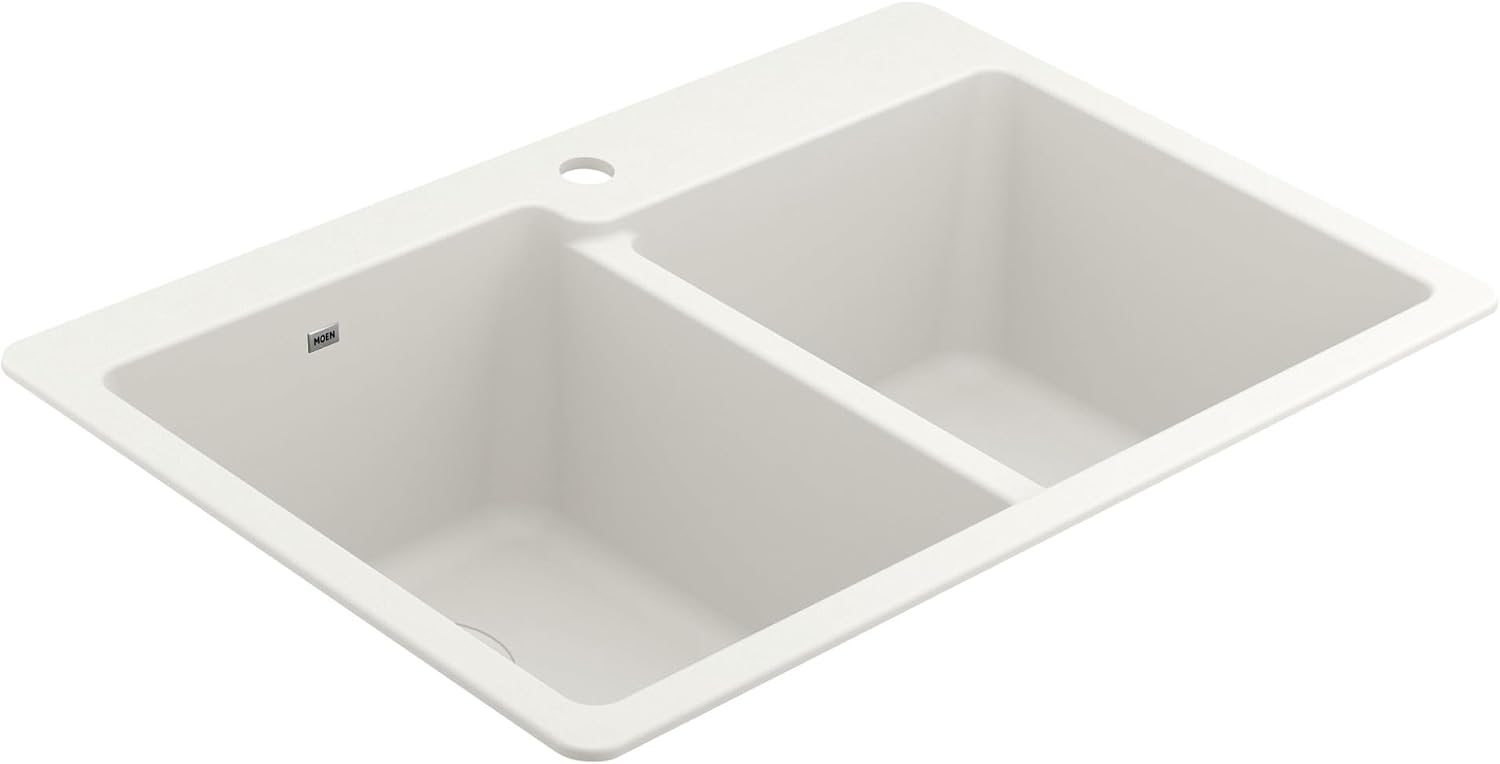 Moen Host White Granite 33-Inch Wide x 9.5-Inch Deep Dual Mount Double Bowl Kitchen Sink, GGW3024B