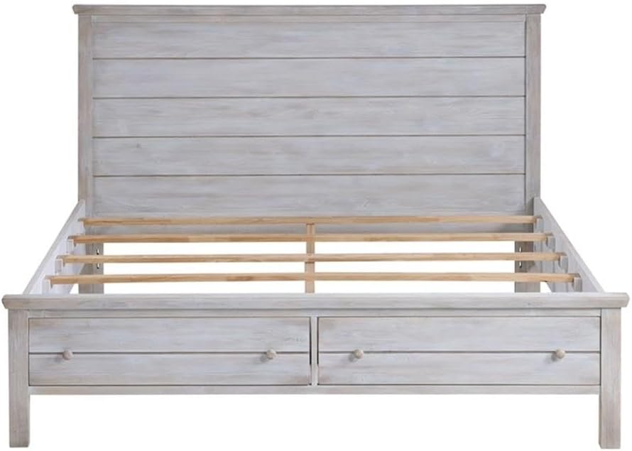 Pemberly Row Solid Wood Queen Storage Bed, Distressed Grey White Finish, Durable Constructed Spruce Frame, Rustic Transitional Design, Bedroom Furniture with Storage Footboard