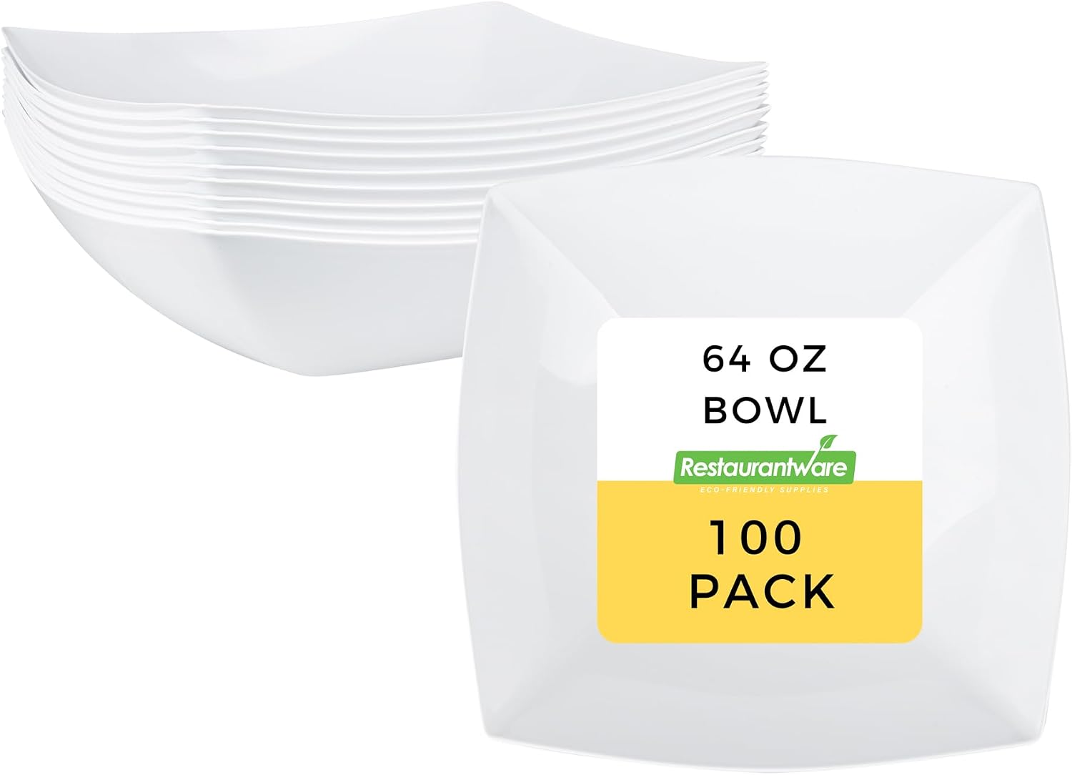 Restaurantware Moderna 64 Ounce Fancy Plastic Bowls 100 Square Disposable Salad Bowls - Durable Heavy-duty White Plastic Bowls For Warm And Cold Foods