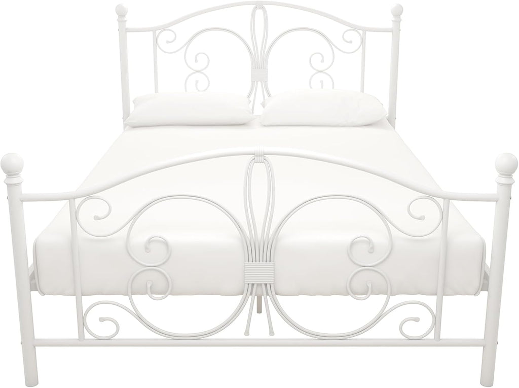 DHP Bombay Metal Platform Bed with Parisian Style Headboard and Footboard, Adjustable Base Height for Underbed Storage, No Box Spring Needed, Full, White