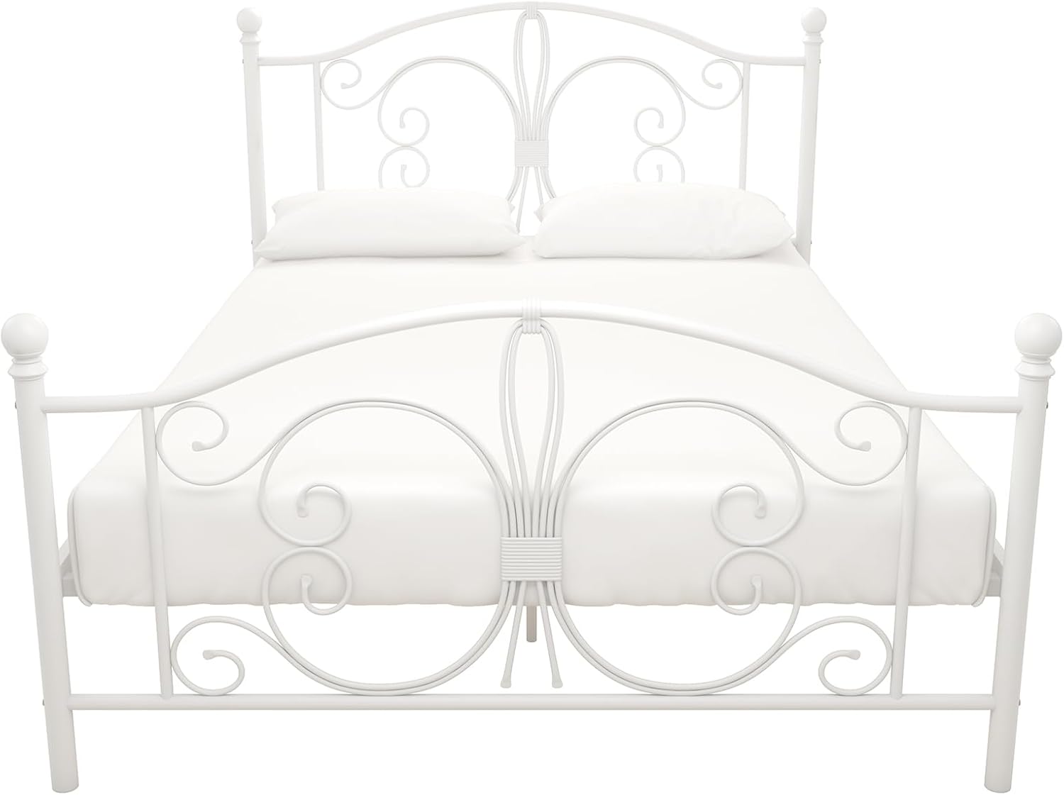 DHP Bombay Metal Platform Bed with Parisian Style Headboard and Footboard, Adjustable Base Height for Underbed Storage, No Box Spring Needed, Full, White