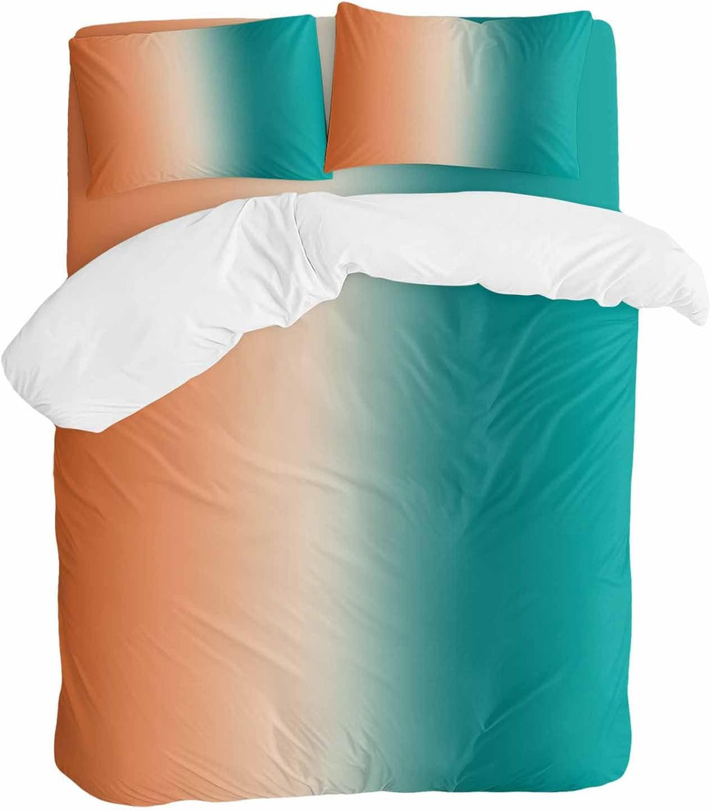Gradient Green Orange Duvet Cover Set Queen Size 4 Pieces Modern Abstract Minimalist Teal Brown Ocean Beach Bedding Set with Zipper Closure,1 Comforter Cover 92x106 Inches 1 Flat Sheet&2 Pillow Cases