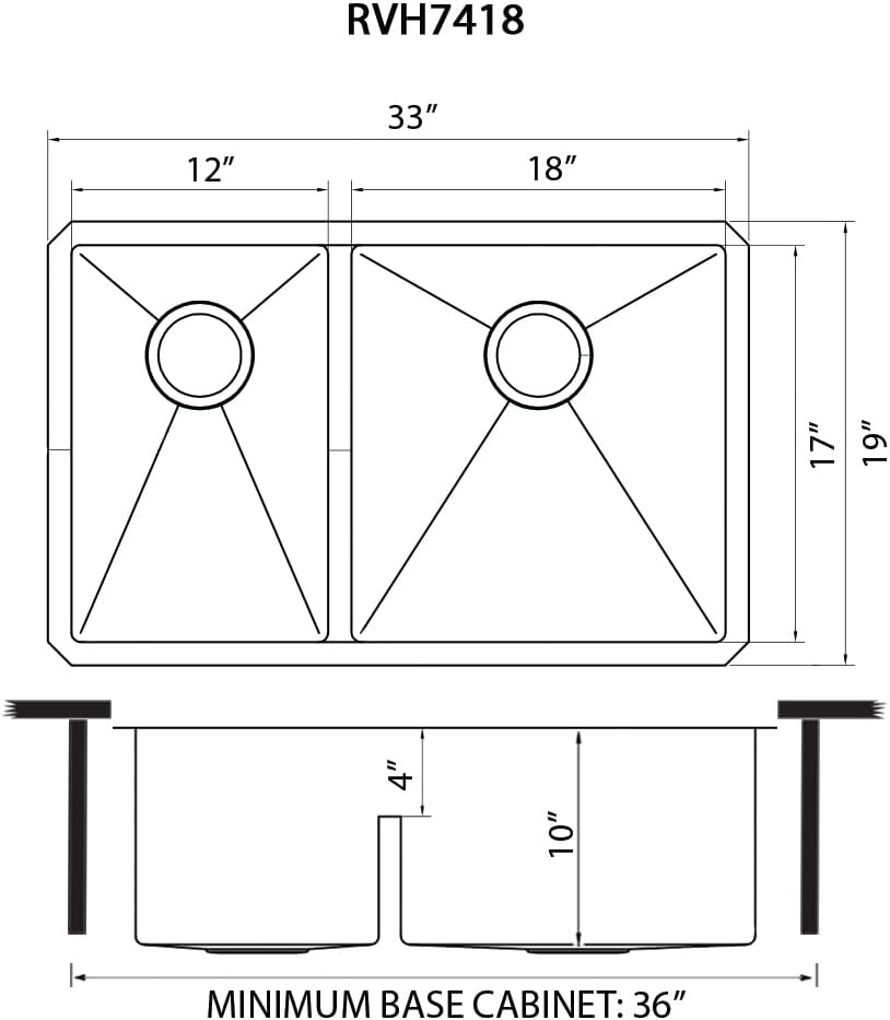 Ruvati 33-inch Low-Divide Rounded Corners Undermount Kitchen Sink - 40/60 Double Bowl Kitchen Sinks - 16 Gauge Stainless Steel Kitchen sink with Brushed Finish hides scratches - RVH7418