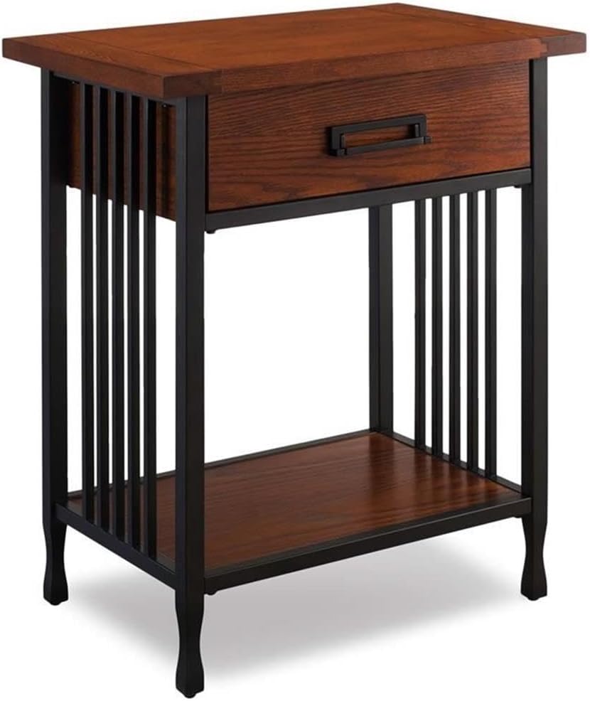 Bowery Hill 1 Drawer Nightstand, 28' H x 24' W x 16' D, Hardwood Solids and Oak Veneers, Mission Oak Finish, Blackened Metal Slats, Lower Display Shelf, Full Extension Drawer Guides, Bedroom Furniture