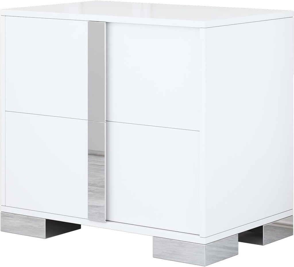 Henf Modern White Nightstand Set of 2 for Bedroom, Elegant 2 Drawer Nightstand with Silver Mirrored Handle and Base, Wood End Table Sofa Side Table for Small Place Living Room Bedroom (White)