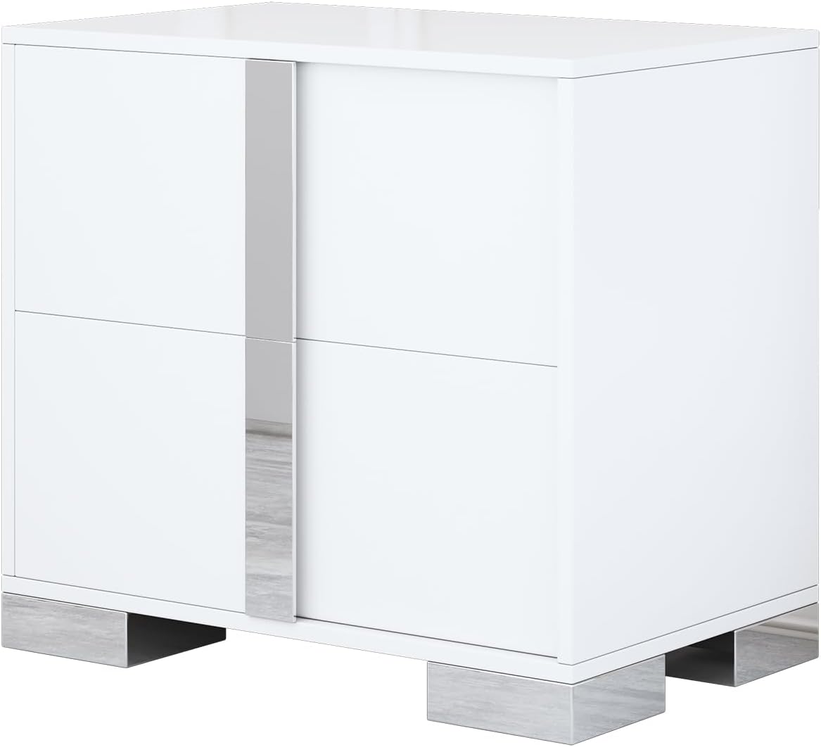 Henf Modern White Nightstand Set of 2 for Bedroom, Elegant 2 Drawer Nightstand with Silver Mirrored Handle and Base, Wood End Table Sofa Side Table for Small Place Living Room Bedroom (White)