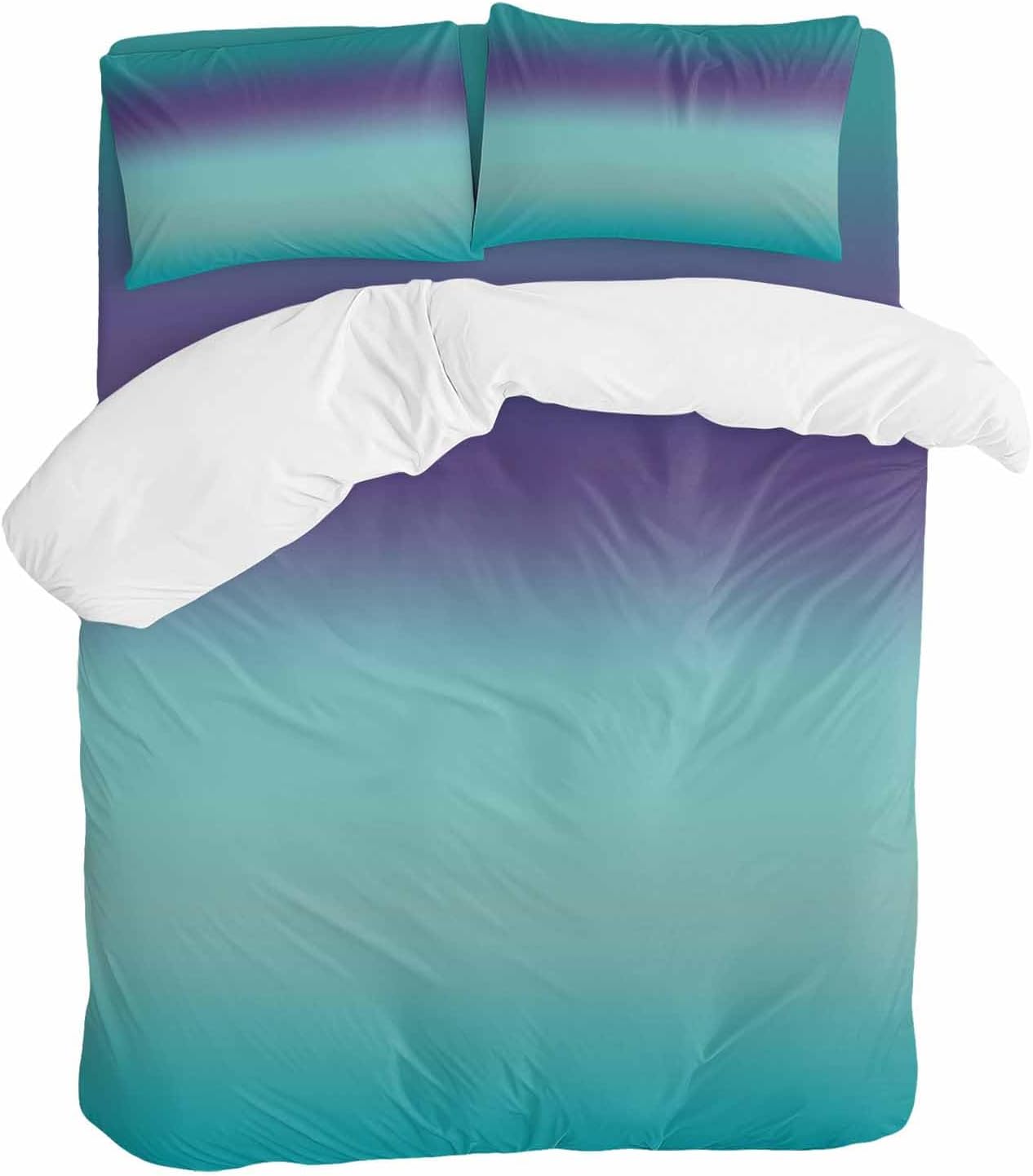 Gradient Green Duvet Cover Set Queen Size 4 Pieces Modern Minimalist Green Purple Ocean Beach Bedding Set with Zipper Closure, 1 Comforter Cover 90x92 Inches 1 Flat Sheet & 2 Pillow Cases
